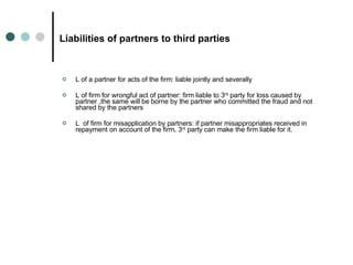 Liabilities of partners to third parties L of a partner for acts of the firm: liable jointly and severally L of firm for wrongful act of partner: firm liable to 3 rd  party for loss caused by  partner ,the same will be borne by the partner who committed the fraud and not shared by the partners L  of firm for misapplication by partners: if partner misappropriates received in repayment on account of the firm, 3 rd  party can make the firm liable for it. 