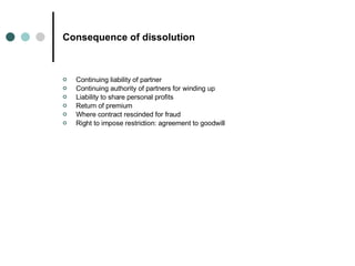 Consequence of dissolution Continuing liability of partner Continuing authority of partners for winding up Liability to share personal profits Return of premium Where contract rescinded for fraud Right to impose restriction: agreement to goodwill 