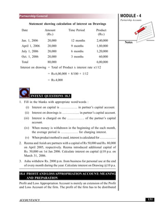 MODULE - 4
Partnership Accounts
Notes
131
Partnership General
ACCOUNTANCY
Statement showing calculation of interest on Drawings
Date Amount Time Period Product
(Rs.) (Rs.)
Jan. 1, 2006 20,000 12 months 2,40,000
April 1, 2006 20,000 9 months 1,80,000
July 1, 2006 20,000 6 months 1,20,000
Oct. 1, 2006 20,000 3 months 60,000
Total 80,000 6,00,000
Interest on drawing = Total of Product x interest rate x1/12
= Rs.6,00,000 × 8/100 × 1/12
= Rs.4,000
INTEXT QUESTIONS 18.3
1. Fill in the blanks with appropriate word/words :
(i) Interest on capital is ……………. in partner’s capital account.
(ii) Interest on drawings is ……………. in partner’s capital account.
(iii) Interest is charged on the ……………. of the partner’s capital
account.
(iv) When money is withdrawn in the beginning of the each month,
the average period is ……………. for charging interest.
(v) When product method is used, interest is calculated for ……………
2. Reema and Anish are partners with a capital of Rs 50,000 and Rs. 80,000
on April 2005, respectively. Reema introduced additional capital of
Rs. 50,000 on 1st Jan 2006. Calculate interest on capital @10 p.a. on
March 31, 2006.
3. Ashu withdrew Rs. 2000 p.m. from business for personal use at the end
of every month during the year. Calculate interest on Drawing @10 p.a.
18.4 PROFITAND LOSSAPPROPRIATIONACCOUNT: MEANING
AND PREPARATION
Profit and Loss Appropriation Account is merely an extension of the Profit
and Loss Account of the firm. The profit of the firm has to be distributed
 