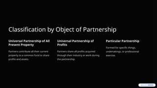 Classification by Object of Partnership
Universal Partnership of All
Present Property
Partners contribute all their current
property to a common fund to share
profits and assets.
Universal Partnership of
Profits
Partners share all profits acquired
through their industry or work during
the partnership.
Particular Partnership
Formed for specific things,
undertakings, or professional
exercise.
 