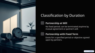 Classification by Duration
Partnership at Will
No fixed period; can be terminated anytime by
mutual agreement or partner’s will.
Partnership with Fixed Term
Exists for a specified period or objective agreed
upon by partners.
 
