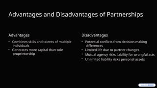 Advantages and Disadvantages of Partnerships
Advantages
• Combines skills and talents of multiple
individuals
• Generates more capital than sole
proprietorship
Disadvantages
• Potential conflicts from decision-making
differences
• Limited life due to partner changes
• Mutual agency risks liability for wrongful acts
• Unlimited liability risks personal assets
 
