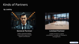 General Partner
Holds unlimited liability,
responsible beyond their
capital contribution.
Limited Partner
Liability limited to capital
contribution, usually not involved in
management.
Kinds of Partners
By Liability
 