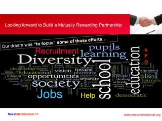 NeevInternational >>
Looking forward to Build a Mutually Rewarding Partnership
Jobs
Recruitment
Help
N
P
O
www.neevinternational.org
 