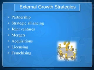 External Growth Strategies

•   Partnership
•   Strategic alliancing
•   Joint ventures
•   Mergers
•   Acquisitions
•   Licensing
•   Franchising
 