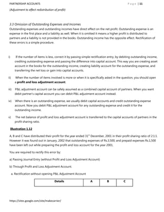 PARTNERSHIP ACCOUNTS                                                                              P a g e | 11

 (Adjustment to effect redistribution of profit)



 3.3 Omission of Outstanding Expenses and Incomes
 Outstanding expenses and outstanding incomes have direct effect on the net profit. Outstanding expense is an
 expense in the first place and a liability as well. When it is omitted it means a higher profit is distributed to
 partners and a liability is not provided in the books. Outstanding income has the opposite effect. Rectification of
 these errors is a simple procedure.



i)       If the number of items is less, correct it by passing simple rectification entry, by debiting outstanding income,
        crediting outstanding expense and passing the difference into capital account. This way you are creating asset
        account in the books for the outstanding income, creating liability account for the outstanding expense, and
        transferring the net loss or gain into capital accounts.

ii)      When the number of items involved is more or when it is specifically asked in the question, you should open
        a profit and loss adjustment account.

iii)    P&L adjustment account can be safely assumed as a combined capital account of partners. When you want
        debit partner‟s capital account you can debit P&L adjustment account instead.

iv)     When there is an outstanding expense, we usually debit capital accounts and credit outstanding expense
        account. Now you debit P&L adjustment account for any outstanding expense and credit it for the
        outstanding income.

v)       The net balance of profit and loss adjustment account is transferred to the capital accounts of partners in the
        profit sharing ratio.

     Illustration 1.12

 A, B and C have distributed their profit for the year ended 31st December, 2001 in their profit sharing ratio of 2:1:1.
 However it was found out in January, 2002 that outstanding expenses of Rs.3,500; and prepaid expenses Rs.1,500
 have been left out while preparing the profit and loss account for the year 2001.

 You are required to rectify this error by:

 a) Passing Journal Entry (without Profit and Loss Adjustment Account)

 b) Through Profit and Loss Adjustment Account.

      a. Rectification without opening P&L Adjustment Account

                                        Details                     A            B             C




 https://sites.google.com/site/makecarrier/
 