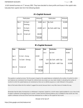 PARTNERSHIP ACCOUNTS                                                                                             P a g e | 25

A & B started business on 1st January 2001. They have decided to share profits and losses in the capital ratio.
Calculate their capital ratio form the following details



                                                     A's Capital Account

                                 Particulars               Amount                 Particulars               Amount

                      Mar 1        To Cash –                  9,000 Jan 1        By Cash                      65,000
                                   Drawing..

                      Oct 1        To Cash –                 10,000 Jul 1        By Cash..addl. Cap.          40,000
                                   Drawing.

                      Dec 31      To bal c/d                 86,000

                                                           105,000                                          105,000



                                                        B's Capital Account
             Date        Particulars                     Amount         Date        Particulars                    Amount

                                                                        Jan 1       By Cash                        50,000

             Apr 1       To Cash – Drwng.                19,500

             Oct 1        To Cash – Drwng.                      5,500          Jul 1 By Cash.. addl. Cap.              25,000

                                                                            Sept 1 By Cash – addl. Cap.                10,500

             Dec 31       To bal c/d                           60,500

                                                               85,500                                                  85,500



     This question is worked out twice. The first answer is based on the capital balances multiplied by the number of months for which
     such balances are maintained. Even though this method looks very simple, you may make mistake in calculating the number of
     months for which the capital balances are maintained as there are no definite sequence or order followed in the question.

     Most of the books follow the first method. I suggest the second; because there is very little chance of mistake this way.




     Remember that the date of introduction or withdrawal is important. Capital for a month means capital available for use in that month.
     If capital is withdrawn at the beginning of a month, it means that the remaining balance only is available for that month. But if the
     capital is withdrawn at the end of the month that withdrawal has no effect on the capital for that month.

                                                         Answer (i) for Q.1.27

https://sites.google.com/site/makecarrier/
 