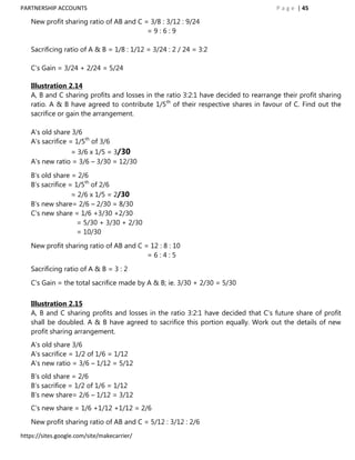PARTNERSHIP ACCOUNTS                                                                P a g e | 45

   New profit sharing ratio of AB and C = 3/8 : 3/12 : 9/24
                                         =9:6:9

   Sacrificing ratio of A & B = 1/8 : 1/12 = 3/24 : 2 / 24 = 3:2

   C‟s Gain = 3/24 + 2/24 = 5/24

   Illustration 2.14
   A, B and C sharing profits and losses in the ratio 3:2:1 have decided to rearrange their profit sharing
   ratio. A & B have agreed to contribute 1/5th of their respective shares in favour of C. Find out the
   sacrifice or gain the arrangement.

   A‟s old share 3/6
   A‟s sacrifice = 1/5th of 3/6
                = 3/6 x 1/5 = 3/30
   A‟s new ratio = 3/6 – 3/30 = 12/30
   B‟s old share = 2/6
   B‟s sacrifice = 1/5th of 2/6
                  = 2/6 x 1/5 = 2/30
   B‟s new share= 2/6 – 2/30 = 8/30
   C‟s new share = 1/6 +3/30 +2/30
                    = 5/30 + 3/30 + 2/30
                    = 10/30
   New profit sharing ratio of AB and C = 12 : 8 : 10
                                         =6:4:5

   Sacrificing ratio of A & B = 3 : 2
   C‟s Gain = the total sacrifice made by A & B; ie. 3/30 + 2/30 = 5/30

   Illustration 2.15
   A, B and C sharing profits and losses in the ratio 3:2:1 have decided that C‟s future share of profit
   shall be doubled. A & B have agreed to sacrifice this portion equally. Work out the details of new
   profit sharing arrangement.
   A‟s old share 3/6
   A‟s sacrifice = 1/2 of 1/6 = 1/12
   A‟s new ratio = 3/6 – 1/12 = 5/12
   B‟s old share = 2/6
   B‟s sacrifice = 1/2 of 1/6 = 1/12
   B‟s new share= 2/6 – 1/12 = 3/12
   C‟s new share = 1/6 +1/12 +1/12 = 2/6
   New profit sharing ratio of AB and C = 5/12 : 3/12 : 2/6
https://sites.google.com/site/makecarrier/
 