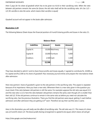 PARTNERSHIP ACCOUNTS                                                                                P a g e | 65

Here C pays for his share of goodwill which has to be given to A & B in their sacrificing ratio. When the ratio
between old partners remains the same for future; the old ratio itself will be the sacrificing ratio. (A‟s Sac 1/2 –
1/3; B‟s sacrifice is also the same. which means their sacrifice is equal]



Goodwill account will not appear in the books after admission.



Illustration 2.29

The following Balance Sheet shows the financial position of A and B sharing profits and losses in the ratio 2:1.



                                                      Balance Sheet

                                   Liabilities       Amount           Assets         Amount

                             Capital A                  10,000 Machinery                16,000

                             Capital B                  10,000 Furniture                 5,000

                             Creditors                   2,500 Cash                      1,500

                                                        22,500                         22,500



They have decided to admit C and to share future profits and losses equally. C agreed to contribute Rs. 10,000 as
his capital and Rs.2,500 as his share of goodwill. Pass necessary journal entries and prepare the new balance sheet
after admission.



Here new partners‟ share of goodwill is given to the old partners in the sacrificing ratio. This aspect is repeated
because of its importance. Here you have a new ratio. Whenever there is a new ratio given in the question you
must check if the ratio between old partners is still the same. For example suppose the old ratio was equal (1:1)
and the new ratio is 2:2:1 here the ratio between old partners remains the same, even though 2/5 is smaller than
their old 1/2. If the old partners continue to remain in the same ratio as before you need not calculate the
sacrificing ratio, See the previous illustration, There you find the old partners were equal, getting ½ each before
admission and after admission they are getting 1/3rd each. Therefore we say their sacrifice also is same.



Here in this illustration you will really see the effect of sacrificing ratio. The old ratio was 2:1. This means A‟s share
was 2/3 and B‟s share 1/3. The future profit sharing arrangement is agreed to be equal; which means all will get


https://sites.google.com/site/makecarrier/
 