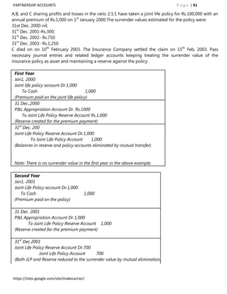 PARTNERSHIP ACCOUNTS                                                                   P a g e | 91

A,B, and C sharing profits and losses in the ratio 2:1:1 have taken a joint life policy for Rs.100,000 with an
annual premium of Rs.1,000 on 1st January 2000.The surrender values estimated for the policy were:
31st Dec. 2000-nil;
31st Dec. 2001-Rs.300;
31st Dec. 2002- Rs.750
31st Dec. 2003- Rs.1,250
C died on on 10th February 2003. The Insurance Company settled the claim on 15th Feb, 2003. Pass
necessary journal entries and related ledger accounts keeping treating the surrender value of the
insurance policy as asset and maintaining a reserve against the policy.

 First Year
 Jan1, 2000
 Joint life policy account Dr.1,000
     To Cash                            1,000
 (Premium paid on the joint life policy)
 31 Dec.,2000
 P&L Appropriation Account Dr. Rs.1000
     To Joint Life Policy Reserve Account Rs.1,000
 (Reserve created for the premium payment)
 31st Dec, 200
 Joint Life Policy Reserve Account Dr.1,000
           To Joint Life Policy Account    1,000
 (Balances in reserve and policy accounts eliminated by mutual transfer)


 Note: There is no surrender value in the first year in the above example.

 Second Year
 Jan1, 2001
 Joint Life Policy account Dr.1,000
    To Cash                              1,000
 (Premium paid on the policy)

 31 Dec. 2001
 P&L Appropriation Account Dr 1,000
        To Joint Life Policy Reserve Account 1,000
 (Reserve created for the premium payment)

 31st Dec.2001
 Joint Life Policy Reserve Account Dr.700
               Joint Life Policy Account   700
 (Both JLP and Reserve reduced to the surrender value by mutual elimination)



https://sites.google.com/site/makecarrier/
 