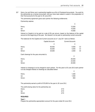 partnership final accounts 81
3.7 Henry, Ian and Simon are in partnership together as a firm of Chartered Accountants. You work for
the partnership as a trainee accountant, and you have been asked to assist in the preparation of
their final accounts for the year to 30 June 20-2.
The partnership agreement gives each partner the following entitlements:
Partnership salaries
£
Henry 12,000
Ian 15,000
Simon 10,000
Interest on Capital is to be paid at a rate of 8% per annum, based on the balance of the capital
account at the beginning of the year. No interest is to be paid on partnership current accounts.
The balances for the Capital and Current accounts as at 1 July 20-1 were as follows:
Capital Accounts Current Accounts
£ £
Henry 60,000 6,000 Cr
Ian 40,000 5,000 Cr
Simon 25,000 2,000 Dr
Cash drawings for the year amounted to:
£
Henry 26,000
Ian 24,000
Simon 20,000
Interest on drawings is to be charged to each partner. For the year to 30 June 20-2 each partner
is to be charged interest on drawings as calculated below:
£
Henry 1,200
Ian 1,000
Simon 800
The partnership earned a profit of £70,000 for the year to 30 June 20-2.
The profit sharing ratios for the partnership are:
Henry 4/10
Ian 4/10
Simon 2/10
REQUIRED
Task 1
Prepare the partnership appropriation account for the year ended 30 June 20-2.
 