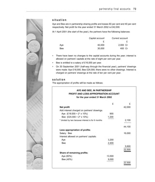 s i t u a t i o n
Aye and Bee are in partnership sharing profits and losses 60 per cent and 40 per cent
respectively. Net profit for the year ended 31 March 2002 is £42,000.
At 1 April 2001 (the start of the year), the partners have the following balances:
Capital account Current account
£ £
Aye 40,000 2,000 Cr
Bee 30,000 400 Cr
• There have been no changes to the capital accounts during the year; interest is
allowed on partners' capitals at the rate of eight per cent per year.
• Bee is entitled to a salary of £16,000 per year.
• On 30 September 2001 (half-way through the financial year), partners' drawings
were made: Aye £18,000, Bee £24,000; there were no other drawings. Interest is
charged on partners' drawings at the rate of ten per cent per year.
s o l u t i o n
The appropriation of profits will be made as follows:
AYE AND BEE, IN PARTNERSHIP
PROFIT AND LOSS APPROPRIATION ACCOUNT
for the year ended 31 March 2002
£ £
Net profit 42,000
Add interest charged on partners' drawings:
Aye (£18,000 ÷ 2* x 10%) 900
Bee (£24,000 ÷ 2* x 10%) 1,200
* divided by two because interest is for 6 months 2,100
44,100
Less appropriation of profits:
Salary: Bee 16,000
Interest allowed on partners' capitals:
Aye 3,200
Bee 2,400
5,600
22,500
Share of remaining profits:
Aye (60%) 13,500
Bee (40%) 9,000
22,500
partnership final accounts 73
 