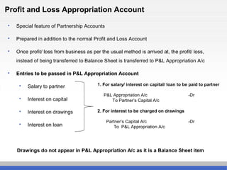 Profit and Loss Appropriation Account
 Special feature of Partnership Accounts
 Prepared in addition to the normal Profit and Loss Account
 Once profit/ loss from business as per the usual method is arrived at, the profit/ loss,
instead of being transferred to Balance Sheet is transferred to P&L Appropriation A/c
 Entries to be passed in P&L Appropriation Account
 Salary to partner
 Interest on capital
 Interest on drawings
 Interest on loan
Drawings do not appear in P&L Appropriation A/c as it is a Balance Sheet item
1. For salary/ interest on capital/ loan to be paid to partner
P&L Appropriation A/c -Dr
To Partner’s Capital A/c
2. For interest to be charged on drawings
Partner’s Capital A/c -Dr
To P&L Appropriation A/c
 