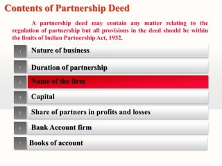 Contents of Partnership Deed 
A partnership deed may contain any matter relating to the 
regulation of partnership but all provisions in the deed should be within 
the limits of Indian Partnership Act, 1932. 
Nature of business 
Duration of partnership 
Name of the firm 
Capital 
Share of partners in profits and losses 
Bank Account firm 
Books of account 
1 
2 
3 
4 
5 
6 
7 
 