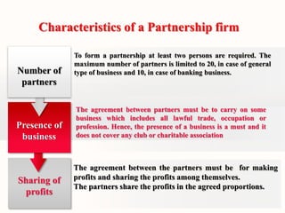 Characteristics of a Partnership firm 
To form a partnership at least two persons are required. The 
maximum number of partners is limited to 20, in case of general 
type of business and 10, in case of banking business. 
The agreement between partners must be to carry on some 
business which includes all lawful trade, occupation or 
profession. Hence, the presence of a business is a must and it 
does not cover any club or charitable association 
The agreement between the partners must be for making 
profits and sharing the profits among themselves. 
The partners share the profits in the agreed proportions. 
Number of 
partners 
Presence of 
business 
Sharing of 
profits 
 