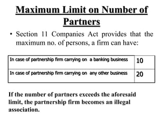 Maximum Limit on Number of
Partners
• Section 11 Companies Act provides that the
maximum no. of persons, a firm can have:
...