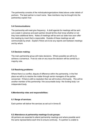 The partnership consists of the individuals/organizations listed above under details of 
partners. The lead partner is insert name. New members may be brought into the 
partnership explain how 
5.4 Communications: 
The partnership will meet give frequency. A draft agenda for meetings will be sent 
out a week in advance and each partner should let the chair know whether or not 
they have additional items. Notes of meetings will be sent out state how soon after 
the meeting by insert that is responsible. Outside of these meetings we will 
communicate by email. Explain if there are to be any reports sent between meetings 
and by whom. 
5.5 Decision making: 
The main partnership group will make decisions. Where possible we will try to 
achieve a consensus. If we do vote on any issue the decision will be carried by a 
majority vote. 
5.6 Resolving problems: 
Where there is a conflict, dispute of difference within the partnership, in the first 
place we will try to resolve the matter through senior managers of the parties 
concerned. If there is still no resolution then we will involve a third party. This will be 
another member of the partnership / the accountable body / the funding body / an 
independent body. 
6.Membership roles and responsibilities: 
6.1 Range of services: 
Each partner will deliver the services as set out in Annex B 
6.2 Attendance at partnership meetings & sub groups: 
All partners are expected to attend partnership meetings and where possible send 
the same representative each time to ensure continuity. If a partner is unable to 
 