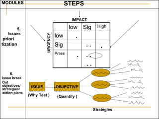 ISSUE OBJECTIVE URGENCY IMPACT (Why Test ) (Quantify )  Strategies STEPS  6. Issue break Out objectives/ strategies/ action plans   5. Issues priori tization  MODULES . . . .   . Press . . .   Sig . low High Sig low 