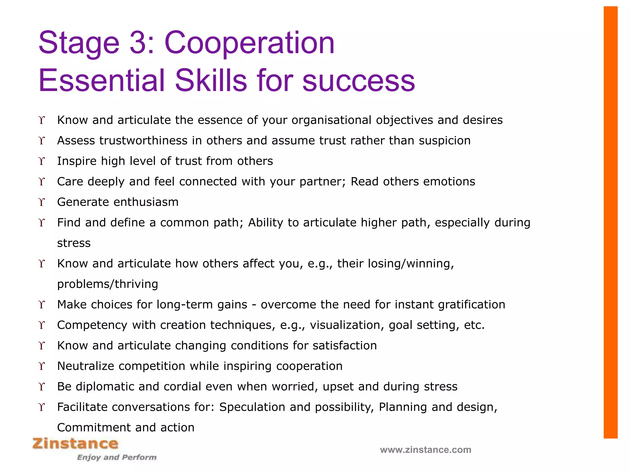 Stage 3: Cooperation
Essential Skills for success
 Know and articulate the essence of your organisational objectives and desires
 Assess trustworthiness in others and assume trust rather than suspicion
 Inspire high level of trust from others
 Care deeply and feel connected with your partner; Read others emotions
 Generate enthusiasm
 Find and define a common path; Ability to articulate higher path, especially during
stress
 Know and articulate how others affect you, e.g., their losing/winning,
problems/thriving
 Make choices for long-term gains - overcome the need for instant gratification
 Competency with creation techniques, e.g., visualization, goal setting, etc.
 Know and articulate changing conditions for satisfaction
 Neutralize competition while inspiring cooperation
 Be diplomatic and cordial even when worried, upset and during stress
 Facilitate conversations for: Speculation and possibility, Planning and design,
Commitment and action
www.zinstance.com
 