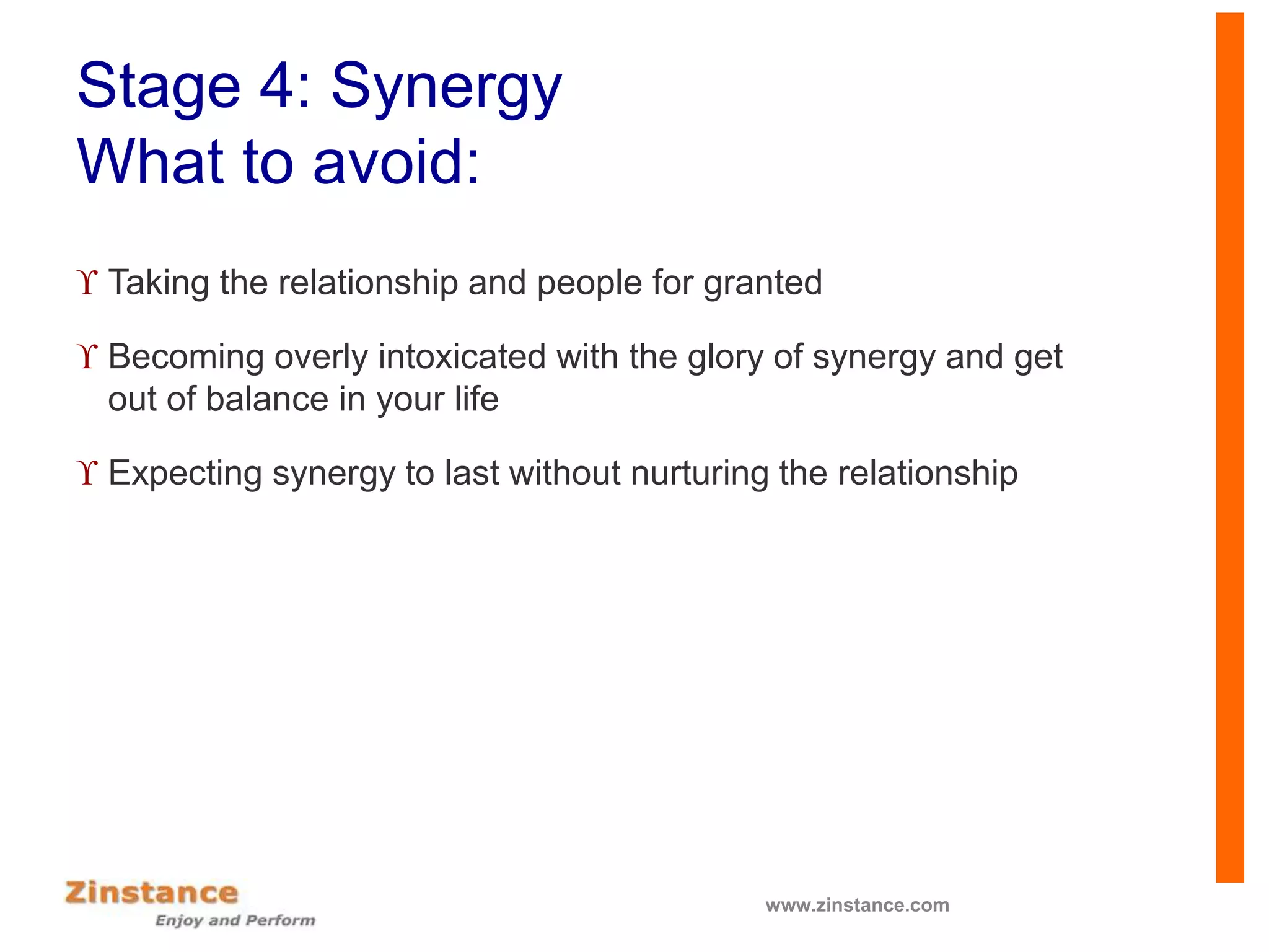 Stage 4: Synergy
What to avoid:
 Taking the relationship and people for granted
 Becoming overly intoxicated with the glory of synergy and get
out of balance in your life
 Expecting synergy to last without nurturing the relationship
www.zinstance.com
 