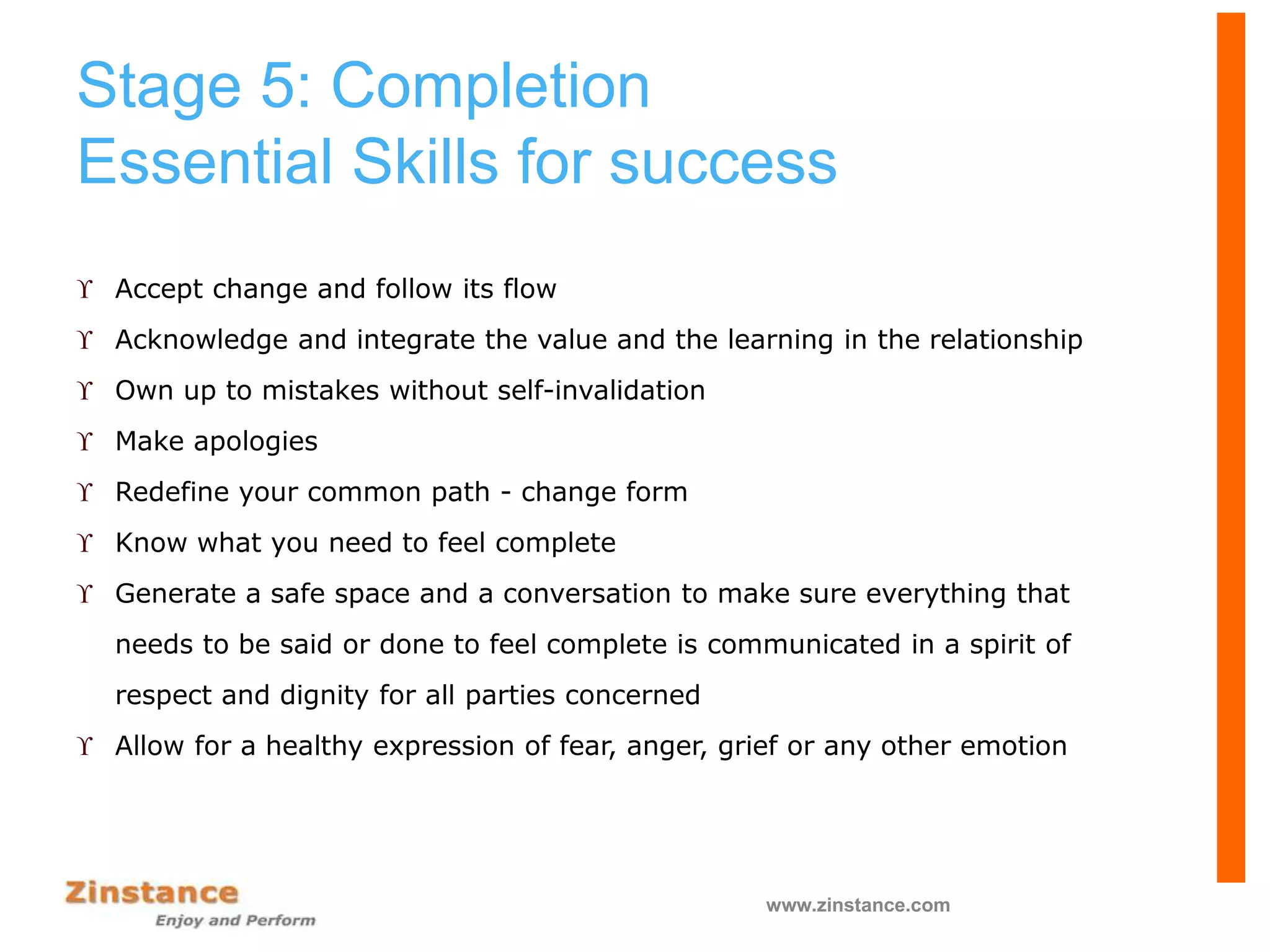 Stage 5: Completion
Essential Skills for success
 Accept change and follow its flow
 Acknowledge and integrate the value and the learning in the relationship
 Own up to mistakes without self-invalidation
 Make apologies
 Redefine your common path - change form
 Know what you need to feel complete
 Generate a safe space and a conversation to make sure everything that
needs to be said or done to feel complete is communicated in a spirit of
respect and dignity for all parties concerned
 Allow for a healthy expression of fear, anger, grief or any other emotion
www.zinstance.com
 
