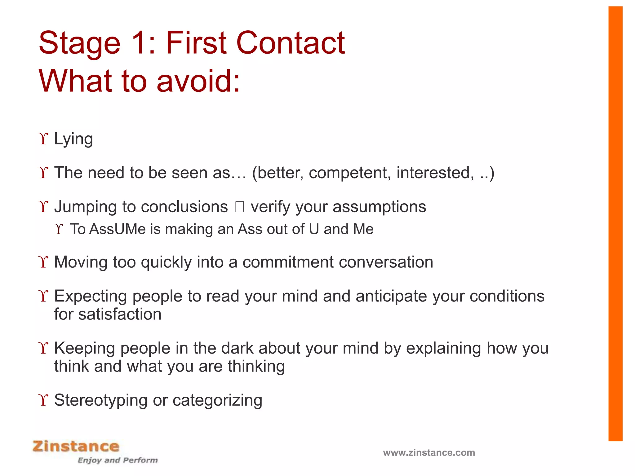 Stage 1: First Contact
What to avoid:
 Lying
 The need to be seen as… (better, competent, interested, ..)
 Jumping to conclusions verify your assumptions
 To AssUMe is making an Ass out of U and Me
 Moving too quickly into a commitment conversation
 Expecting people to read your mind and anticipate your conditions
for satisfaction
 Keeping people in the dark about your mind by explaining how you
think and what you are thinking
 Stereotyping or categorizing
www.zinstance.com
 