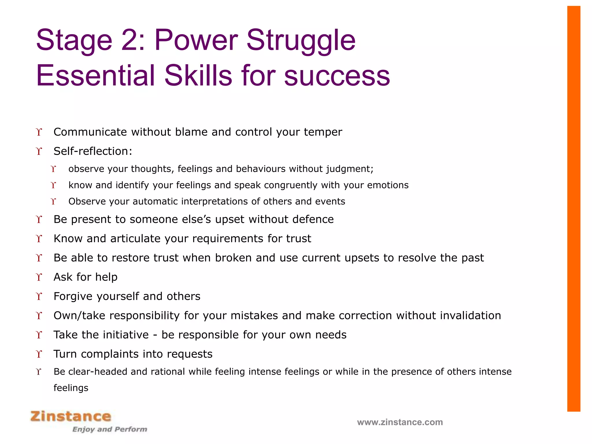 Stage 2: Power Struggle
Essential Skills for success
 Communicate without blame and control your temper
 Self-reflection:
 observe your thoughts, feelings and behaviours without judgment;
 know and identify your feelings and speak congruently with your emotions
 Observe your automatic interpretations of others and events
 Be present to someone else’s upset without defence
 Know and articulate your requirements for trust
 Be able to restore trust when broken and use current upsets to resolve the past
 Ask for help
 Forgive yourself and others
 Own/take responsibility for your mistakes and make correction without invalidation
 Take the initiative - be responsible for your own needs
 Turn complaints into requests
 Be clear-headed and rational while feeling intense feelings or while in the presence of others intense
feelings
www.zinstance.com
 