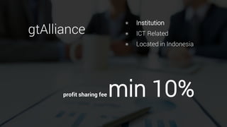 7
gtAlliance
๏ Institution
๏ ICT Related
๏ Located in Indonesia
profit sharing fee min 10%
 
