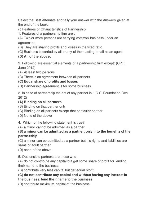 Fundamentals Of Partnership Mcq With Answer Fundamentals Of Partnership Mcq With Answer