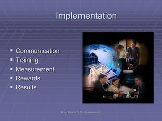 Implementation







Communication
Training
Measurement
Rewards
Results

Gregg Taragos Ph.D. Org-designs.com

 