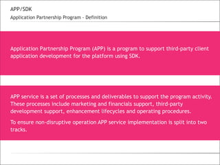APP/SDK
Application Partnership Program - Definition
APP service is a set of processes and deliverables to support the program activity.
These processes include marketing and financials support, third-party
development support, enhancement lifecycles and operating procedures.
To ensure non-disruptive operation APP service implementation is split into two
tracks.
Application Partnership Program (APP) is a program to support third-party client
application development for the platform using SDK.
 