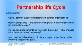 Partnership life Cycle
8. Measuring:
- Agree / confirm success indicators with partner organisations.
- Monitor compliance – are partners doing what they promised within
the agreed timescale?
- Put in place arrangements for reviewing the project – what changes
to implementation are necessary?
- Keep track of deliverables, outputs and impact – are the activities
achieving targets and goals?
26
 