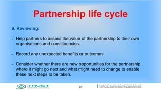 Partnership life cycle
9. Reviewing:
- Help partners to assess the value of the partnership to their own
organisations and constituencies.
- Record any unexpected benefits or outcomes.
- Consider whether there are new opportunities for the partnership,
where it might go next and what might need to change to enable
these next steps to be taken.
27
 