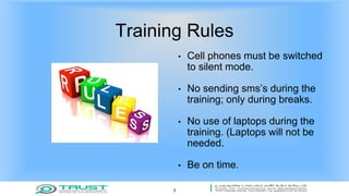 Training Rules
• Cell phones must be switched
to silent mode.
• No sending sms’s during the
training; only during breaks.
• No use of laptops during the
training. (Laptops will not be
needed.
• Be on time.
3
 