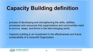 Capacity Building definition
• process of developing and strengthening the skills, abilities,
processes and resources that organizations and communities need
to survive, adapt, and thrive in the fast-changing world.
• Capacity building is an investment in the effectiveness and future
sustainability of a nonprofit Organization.
35
 