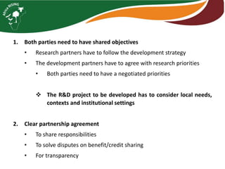 How can research partner with development partners better?