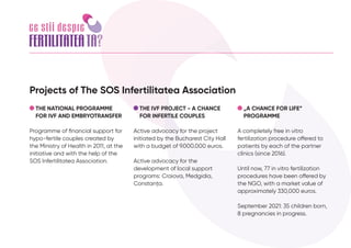 Projects of The SOS Infertilitatea Association
THE NATIONAL PROGRAMME
FOR IVF AND EMBRYOTRANSFER
Programme of financial su...