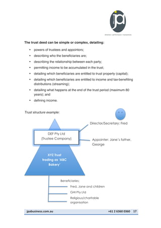 jpabusiness.com.au	
  	
  	
  	
  	
  	
  	
  	
  	
  	
  	
  	
  	
  	
  	
  	
  	
  	
  	
  	
  	
  	
  	
  	
  	
  	
  	
  	
  	
  	
  	
  	
  	
  	
  	
  	
  	
  	
  	
  	
  	
  	
  	
  	
  	
  	
  	
  	
  	
  	
  	
  	
  	
  	
  	
  	
  	
  	
  	
  	
  	
  	
  	
  	
  	
  	
  	
  	
  	
  	
  	
  	
  	
  	
  	
  +61	
  2	
  6360	
  0360	
   17	
  
The trust deed can be simple or complex, detailing:
• powers of trustees and appointors;
• describing who the beneficiaries are;
• describing the relationship between each party;
• permitting income to be accumulated in the trust;
• detailing which beneficiaries are entitled to trust property (capital);
• detailing which beneficiaries are entitled to income and tax-benefiting
distributions (streaming);
• detailing what happens at the end of the trust period (maximum 80
years); and
• defining income.
Trust structure example:
XYZ Trust
trading as ‘ABC
Bakery’
	
  
Appointer: Jane’s father,
George
Beneficiaries:
Fred, Jane and children
GHI Pty Ltd
Religious/charitable
organisation
DEF Pty Ltd
(Trustee Company)
Director/Secretary: Fred
 