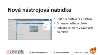 Nová nástrojová nabídka
• Důležitá nastavení v nástroji
• Omezuje potřebu bloků
• Nabídka se mění v závislosti
na místě
E: info@pragodata.cz T: +420 545 211 580W: www.moodlepartner.cz
 