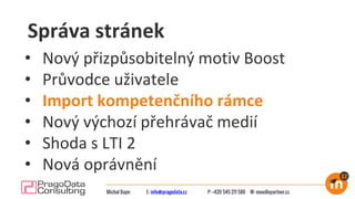 Správa stránek
Michal Bajer E: info@pragodata.cz P: +420 545 211 580 W: moodlepartner.cz
• Nový přizpůsobitelný motiv Boost
• Průvodce uživatele
• Import kompetenčního rámce
• Nový výchozí přehrávač medií
• Shoda s LTI 2
• Nová oprávnění
 