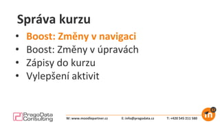 Správa kurzu
• Boost: Změny v navigaci
• Boost: Změny v úpravách
• Zápisy do kurzu
• Vylepšení aktivit
E: info@pragodata.cz T: +420 545 211 580W: www.moodlepartner.cz
 