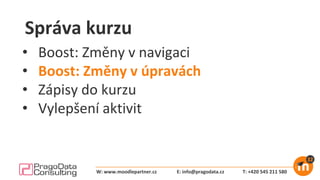 Správa kurzu
• Boost: Změny v navigaci
• Boost: Změny v úpravách
• Zápisy do kurzu
• Vylepšení aktivit
E: info@pragodata.cz T: +420 545 211 580W: www.moodlepartner.cz
 