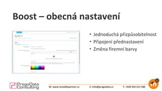 Boost – obecná nastavení
• Jednoduchá přizpůsobitelnost
• Připojení přednastavení
• Změna firemní barvy
E: info@pragodata.cz T: +420 545 211 580W: www.moodlepartner.cz
 