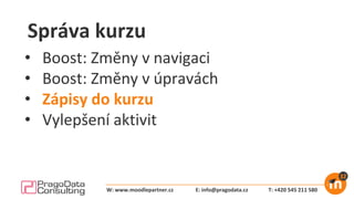 Správa kurzu
• Boost: Změny v navigaci
• Boost: Změny v úpravách
• Zápisy do kurzu
• Vylepšení aktivit
E: info@pragodata.cz T: +420 545 211 580W: www.moodlepartner.cz
 