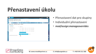 Přenastavení úkolu
• Přenastavení dat pro skupiny
• Individuální přenastavení
• mod/assign:manageoverrides
E: info@pragodata.cz T: +420 545 211 580W: www.moodlepartner.cz
 