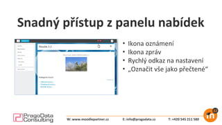 Snadný přístup z panelu nabídek
• Ikona oznámení
• Ikona zpráv
• Rychlý odkaz na nastavení
• „Označit vše jako přečtené“
E: info@pragodata.cz T: +420 545 211 580W: www.moodlepartner.cz
 