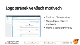 Logostránekvevšechmotivech
• Také pro Clean & More
• Stejná loga v různých
motivech
• Úplné a kompaktní volby
E: info@pragodata.cz T: +420 545 211 580W: www.moodlepartner.cz
 