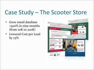 Grew email database +500% in nine months (from 20K to 200K)  Lowered Cost per Lead by 75% 