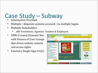 Information Overload Multiple / disparate systems accessed  via multiple logins Multiple Stakeholders 28K Franchisees, Agencies, Vendors & Employees HMG Created Dynamic Site  with Dozens of User Groups  that drives website content  and access rights Extensive Single-Sign-On(s) 