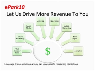 e Park10  Let Us Drive More Revenue To You Leverage these solutions and/or tap into specific marketing disciplines. 